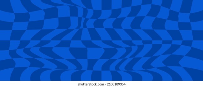 Distorted surface. Chess background with distortion. Optical illusion banner. Op art backdrop. Vector illustration. Checkered curved pattern.