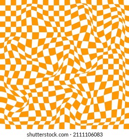 Distorted surface. Chess background with distortion. Optical illusion banner. Op art backdrop. Vector illustration. Checkered curved pattern.