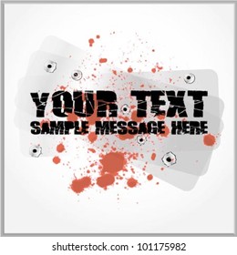 Distorted text with blood spatter on a metallic background with gunshot holes