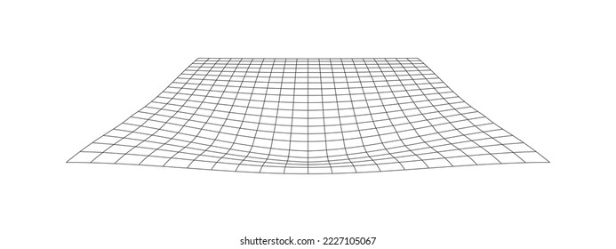 Distorted tiled floor. Grid warp texture. Futuristic waved mesh. Geometric deformation. Gravity phenomenon. Bented lattice surface isolated on white background. Vector outline illustration