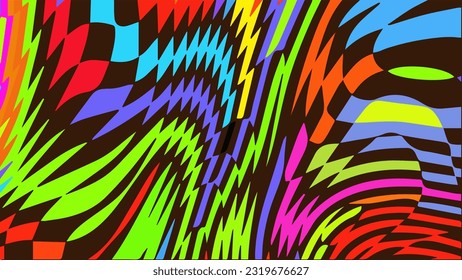 Fondo de verificación distorsionado y torcido. Patrón psicodélico de la tira de Trippy. Impresión ondulada de color neón. Papel de escritorio abstracto de Groovy. Textura líquida curvada. Ilustración vectorial.