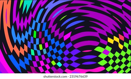 Distorted twisted checkered background. Trippy strip psychedelic pattern. Neon color wavy print. Groovy abstract wallpaper. Curvy liquid texture. Vector illustration.