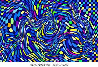 Distorted twisted checkered background. Trippy strip psychedelic pattern. Neon color wavy print. Groovy abstract wallpaper. Curvy liquid texture. Vector illustration.