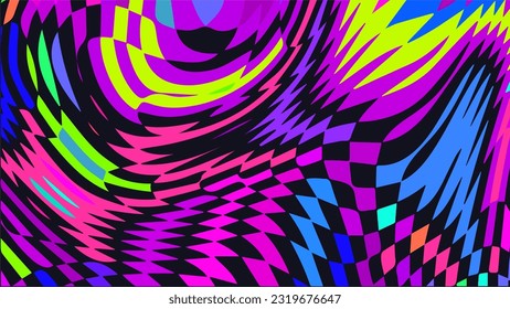 Distorted twisted checkered background. Trippy strip psychedelic pattern. Neon color wavy print. Groovy abstract wallpaper. Curvy liquid texture. Vector illustration.