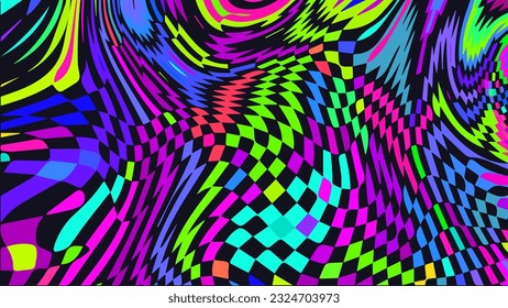 Distorted twisted checkered background. Trippy strip psychedelic pattern. Neon color wavy print. Groovy abstract wallpaper. Curvy liquid texture. Vector illustration.