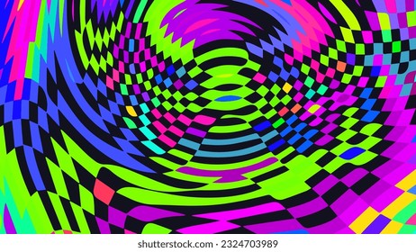 Distorted twisted checkered background. Trippy strip psychedelic pattern. Neon color wavy print. Groovy abstract wallpaper. Curvy liquid texture. Vector illustration.