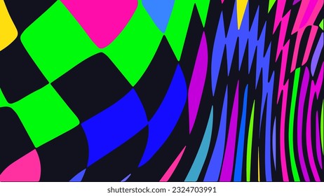 Fondo de verificación distorsionado y torcido. Patrón psicodélico de la tira de Trippy. Impresión ondulada de color neón. Papel de escritorio abstracto de Groovy. Textura líquida curvada. Ilustración vectorial.