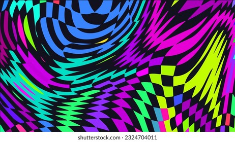 Fondo de verificación distorsionado y torcido. Patrón psicodélico de la tira de Trippy. Impresión ondulada de color neón. Papel de escritorio abstracto de Groovy. Textura líquida curvada. Ilustración vectorial.