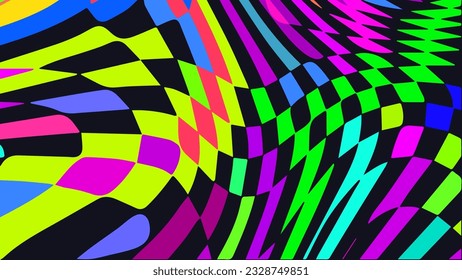 Distorted twisted checkered background. Trippy strip psychedelic pattern. Neon color wavy print. Groovy abstract wallpaper. Curvy liquid texture. Vector illustration.