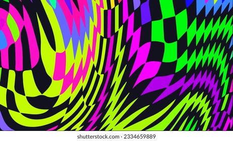 Distorted twisted checkered background. Trippy strip psychedelic pattern. Neon color wavy print. Groovy abstract wallpaper. Curvy liquid texture. Vector illustration.
