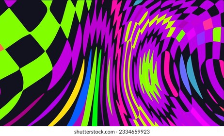 Distorted twisted checkered background. Trippy strip psychedelic pattern. Neon color wavy print. Groovy abstract wallpaper. Curvy liquid texture. Vector illustration.