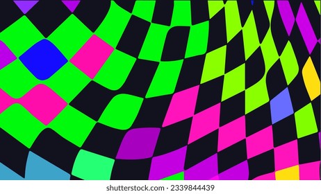 Distorted twisted checkered background. Trippy strip psychedelic pattern. Neon color wavy print. Groovy abstract wallpaper. Curvy liquid texture. Vector illustration.