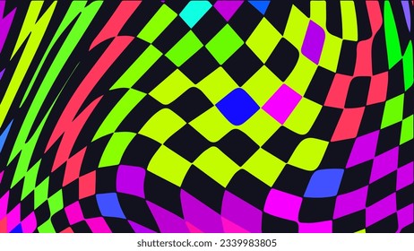 Distorted twisted checkered background. Trippy strip psychedelic pattern. Neon color wavy print. Groovy abstract wallpaper. Curvy liquid texture. Vector illustration.