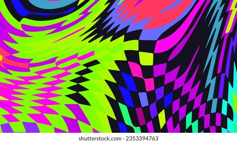 Distorted twisted checkered background. Trippy strip psychedelic pattern. Neon color wavy print. Groovy abstract wallpaper. Curvy liquid texture. Vector illustration.