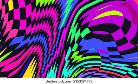 Distorted twisted checkered background. Trippy strip psychedelic pattern. Neon color wavy print. Groovy abstract wallpaper. Curvy liquid texture. Vector illustration.