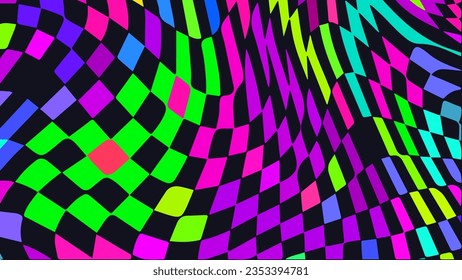 Distorted twisted checkered background. Trippy strip psychedelic pattern. Neon color wavy print. Groovy abstract wallpaper. Curvy liquid texture. Vector illustration.