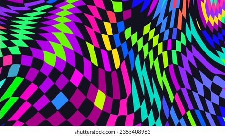 Distorted twisted checkered background. Trippy strip psychedelic pattern. Neon color wavy print. Groovy abstract wallpaper. Curvy liquid texture. Vector illustration.
