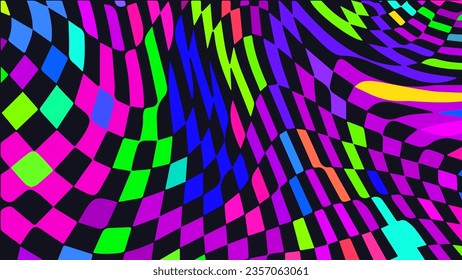 Distorted twisted checkered background. Trippy strip psychedelic pattern. Neon color wavy print. Groovy abstract wallpaper. Curvy liquid texture. Vector illustration.
