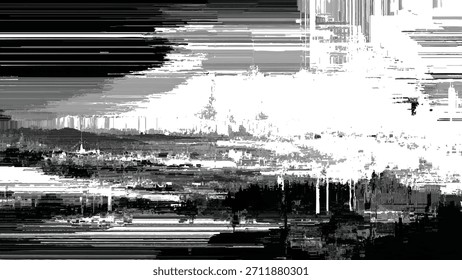 distorted urban cityscape glitch effect, black and white digital error background, cyberpunk abstract city skyline