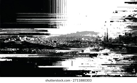 distorted urban cityscape glitch effect, black and white digital error background, cyberpunk abstract city skyline