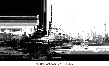 distorted urban cityscape glitch effect, black and white digital error background, cyberpunk abstract city skyline