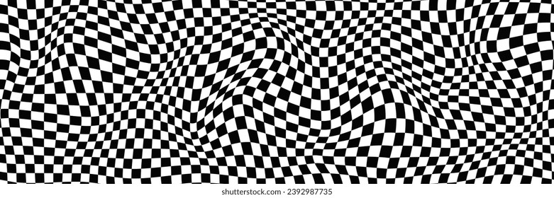 Distorted vector checkered seamless pattern. Groovy twisted grid. Psychedelic dynamic banner background. Retro 70s trippy hippie wavy aesthetic chess backdrop in black and white racing flag colors 