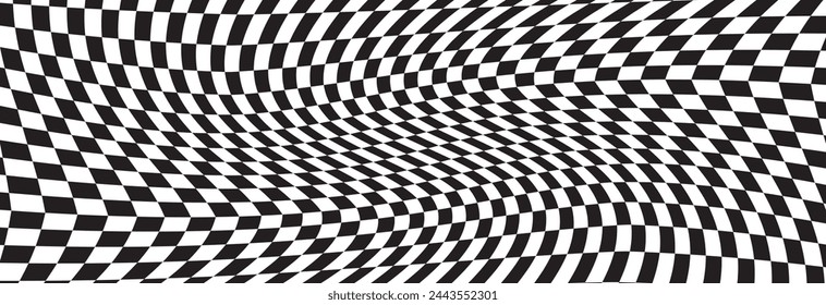  Distorted vector checkered seamless pattern. Groovy twisted grid. Psychedelic dynamic banner background. Retro 70s trippy hippie wavy aesthetic chess backdrop in black and white racing flag . vector.