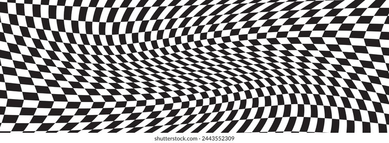 Distorted vector checkered seamless pattern. Groovy twisted grid. Psychedelic dynamic banner background. Retro 70s trippy hippie wavy aesthetic chess backdrop in black and white racing flag . vector.