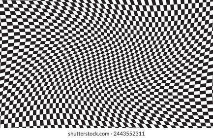  Distorted vector checkered seamless pattern. Groovy twisted grid. Psychedelic dynamic banner background. Retro 70s trippy hippie wavy aesthetic chess backdrop in black and white racing flag . vector.