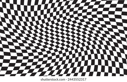  Distorted vector checkered seamless pattern. Groovy twisted grid. Psychedelic dynamic banner background. Retro 70s trippy hippie wavy aesthetic chess backdrop in black and white racing flag . vector.