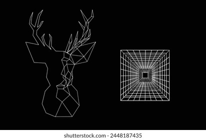 Distorted vertical grid pattern.Low poly Deer illustration. Y2K Retro wave shapes, geometry wireframe grid backgrounds in neon white color. Retro isolated 1980s, 90s, 2000s style.