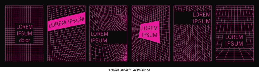 Distorted vertical grid posters set. Trendy pink neon vertical banners with copy space for text. 90s, 2000s retro style vaporwave, wireframe, futuristic backgrounds. Vector illustration