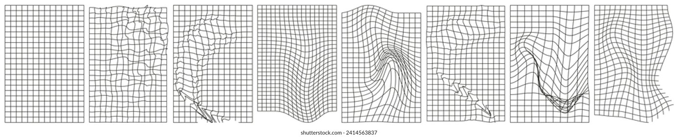Distorted vertical grid set. Black poster, banner templates. 90s, 2000s retro style vaporwave, wireframe, futuristic shapes. Vector illustration isolated on transparent background