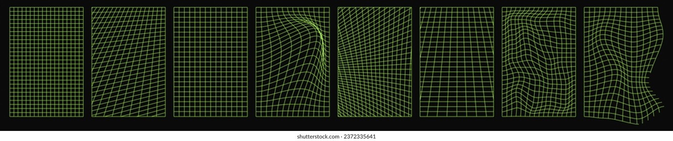 Distorted vertical grid set. Green neon posters. 90s, 2000s retro style vaporwave, wireframe, futuristic banner templates. Vector illustration isolated on black background