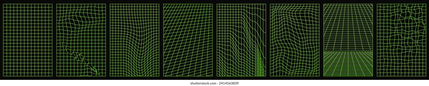 Distorted vertical grid set. Green neon posters, banners with soft gradient. 90s, 2000s retro style vaporwave, wireframe, futuristic background. Vector illustration isolated on black background