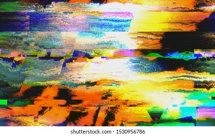 Distorted video signal of a faulty VHS player. Image of a faded online television broadcast. Digital video signal with erroneous damaged data stream. Vector illustration.