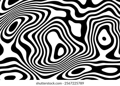 Distorted warp lines vector curve line texture background, flat liquid stripes decorative black and white pattern illustration.