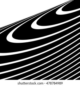 Distorted, warped lines geometric monochrome pattern. Black and white distorted shapes