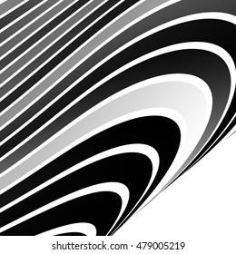 Distorted, warped lines geometric monochrome pattern. Black and white distorted shapes