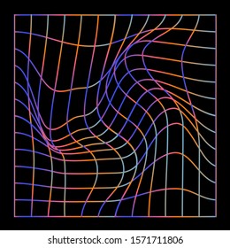 Distorted and warped neon laser grid on dark background. Retrowave, synthwave, vaporwave Yesterday’s tomorrow style.