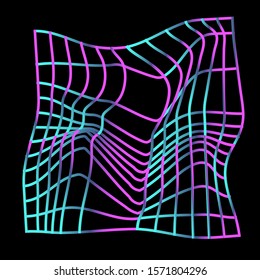 Distorted and warped neon laser grid on dark background. Retrowave, synthwave, vaporwave Yesterday’s tomorrow style.