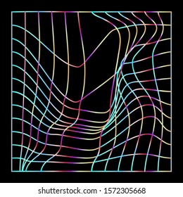 Distorted and warped neon laser grid on dark background. Retrowave, synthwave, vaporwave Yesterday’s tomorrow style.