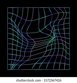 Distorted and warped neon laser grid on dark background. Retrowave, synthwave, vaporwave Yesterday’s tomorrow style.