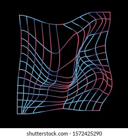 Distorted and warped neon laser grid on dark background. Retrowave, synthwave, vaporwave Yesterday’s tomorrow style.