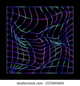 Distorted and warped neon laser grid on dark background. Retrowave, synthwave, vaporwave Yesterday’s tomorrow style.