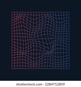 Rejilla láser de neón distorsionada y deformada sobre fondo oscuro. Retrowave, synthwave, rave, vaporwave. Retro de moda de los años 1980, estilo 90. Ilustración del vector