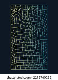 Distorted and warped neon laser grid on dark background. Retrowave, synthwave, rave, vaporwave.Trendy retro 1980s, 90s style. Vector illustration