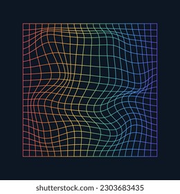 Verzerrtes und verzerrtes Regenbogenlasergitter auf dunklem Hintergrund. Retrowave, Synthwave, Rave, vaporwave.Trendy Retro-Stil der 80er Jahre. Vektorgrafik