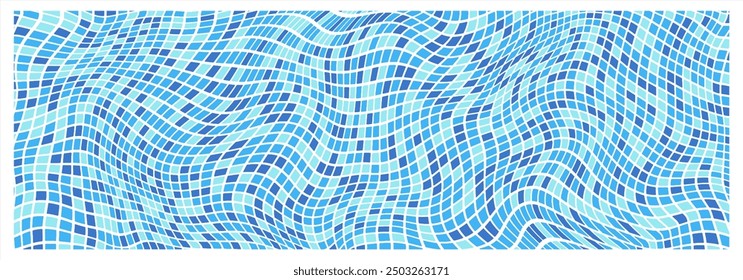 Distorted warped tiny blue checks, tiles, uneven squares abstract background. Banner, header shape. Chequered, checked trippy pattern. Curved liquid fluid mesh, grid psychedelic groovy template. 