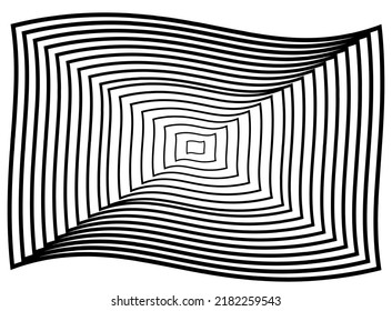 Distorted Wave Halftone Rectangle Optical Illusion. Abstract 3D Geometrical Black And White Line Background.